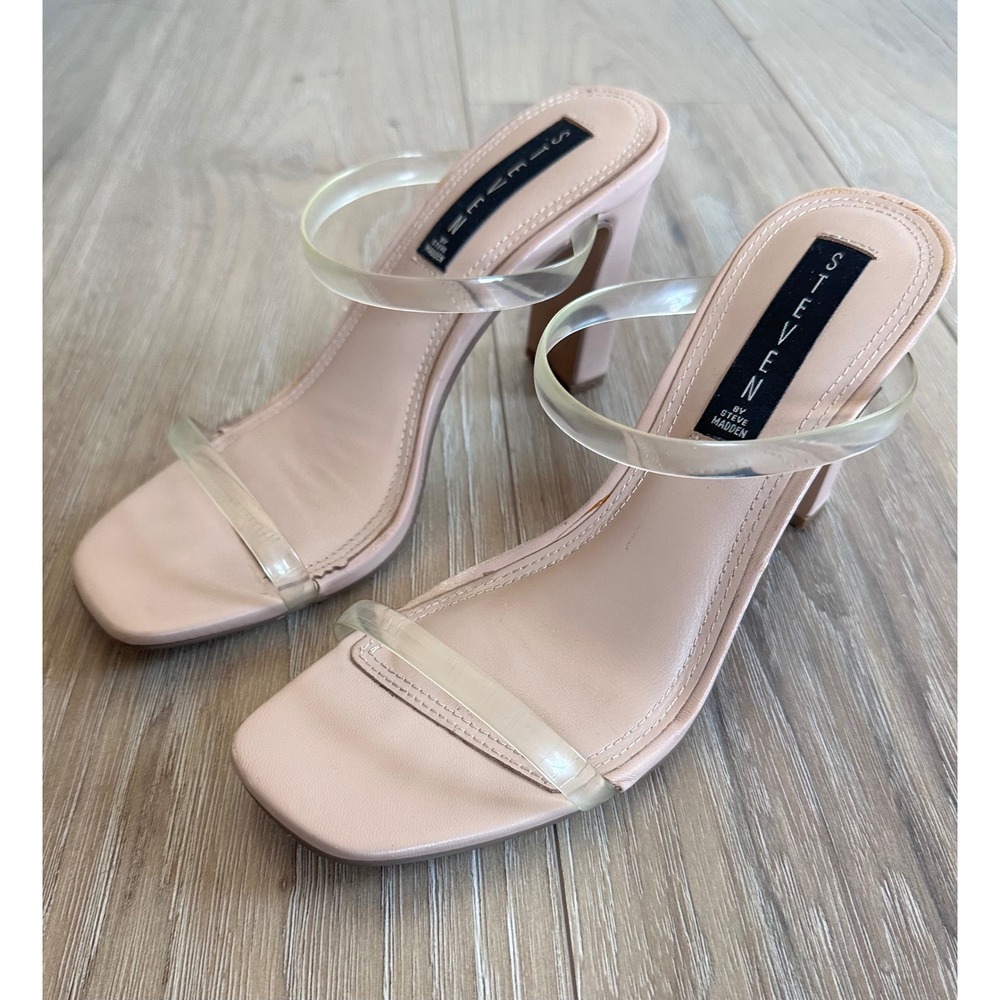 Steven by Steve Madden Blush Nude Clear Strap Block Heel Sandals Square Toe 7.5 - Picture 3 of 6